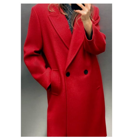 ZARA WOMEN RED LONG WOOL COAT DOUBLE BREASTED - Picture 4 of 12